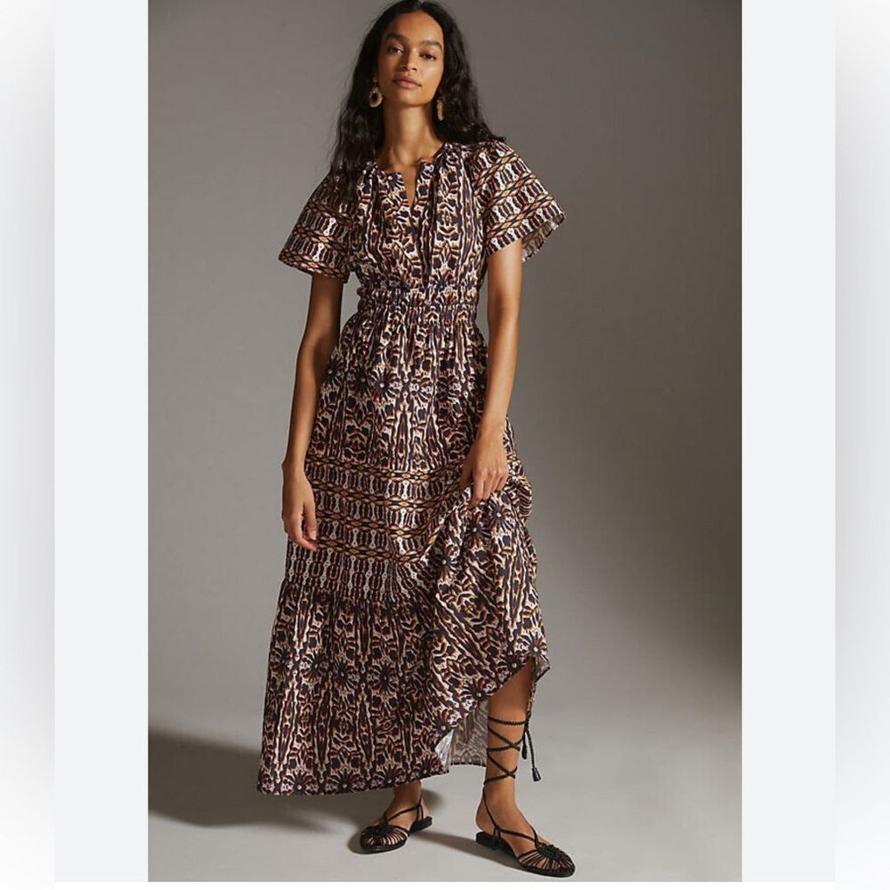 Anthropology Maeve Somerset Maxi In Orange Navy Print Dress - Picture 15 of 15